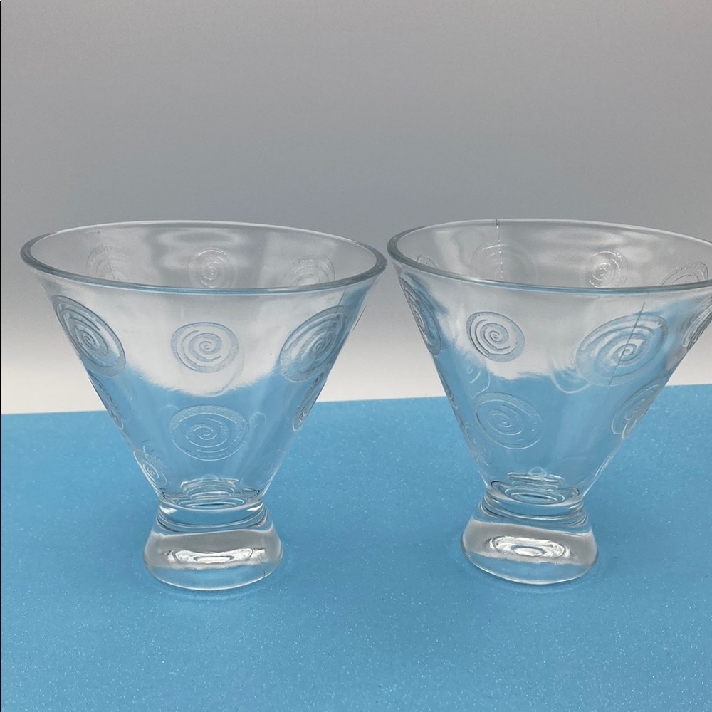 Mid-Century Modern Style Swirl Circle Embossed Logo Martini Glasses
